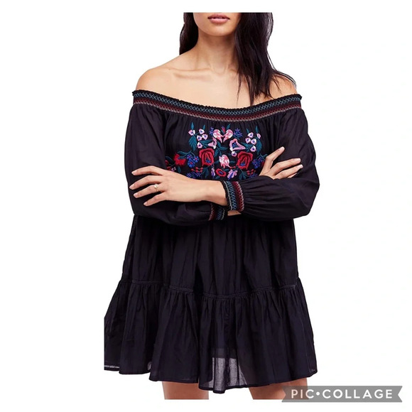Free People Sunbeams Black Embroidered Off Shoulder BohoFestival Minidress Sz XS - Picture 3 of 12